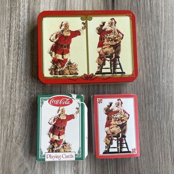 1995 Coca-Cola Christmas Playing Cards Double‎ Full Set W/ Original Santa Tin - Picture 1 of 5